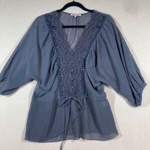 Black Rainn Sheer Blouse Sz S Grey Peplum Hem Lace/Button Front Fairy Romantic